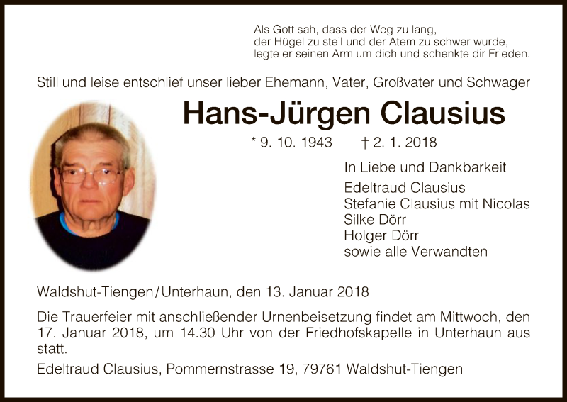  Traueranzeige für Hans-Jürgen Clausius vom 13.01.2018 aus Hersfeld