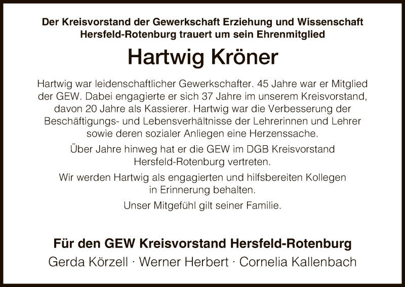  Traueranzeige für Hartwig Kröner vom 30.12.2017 aus Hersfeld