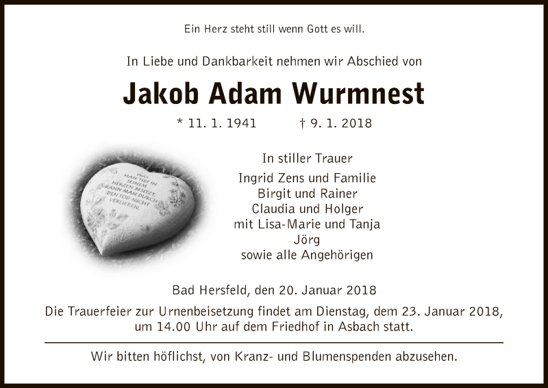  Traueranzeige für Jakob Adam Wurmnest vom 20.01.2018 aus Hersfeld