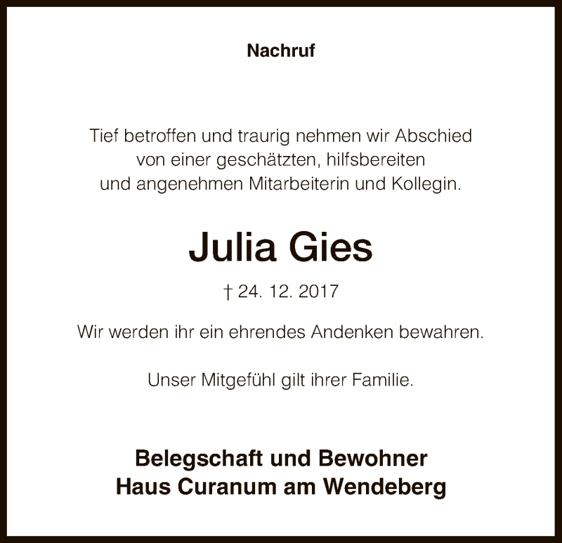  Traueranzeige für Julia Gies vom 06.01.2018 aus Hersfeld