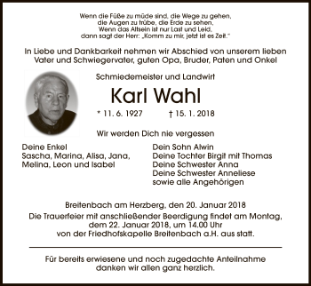 Traueranzeige von Karl Wahl von Hersfeld