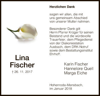 Traueranzeige von Lina Fischer von Hersfeld