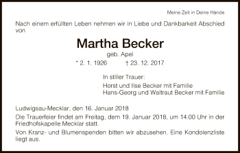 Traueranzeige von Martha Becker von Hersfeld