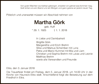 Traueranzeige von Martha Görk von Hersfeld