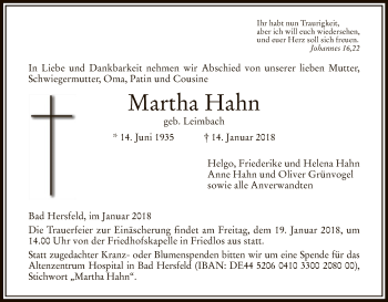 Traueranzeige von Martha Hahn von Hersfeld