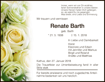 Traueranzeige von Renate Barth von Hersfeld