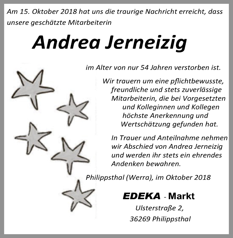 Traueranzeige für Andrea Jerneizig vom 20.10.2018 aus Hersfeld