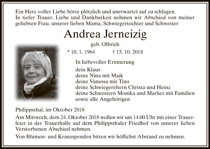  Traueranzeige für Andrea Jerneizig vom 20.10.2018 aus Hersfeld