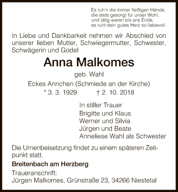 Traueranzeige von Anna Malkomes von Hersfeld