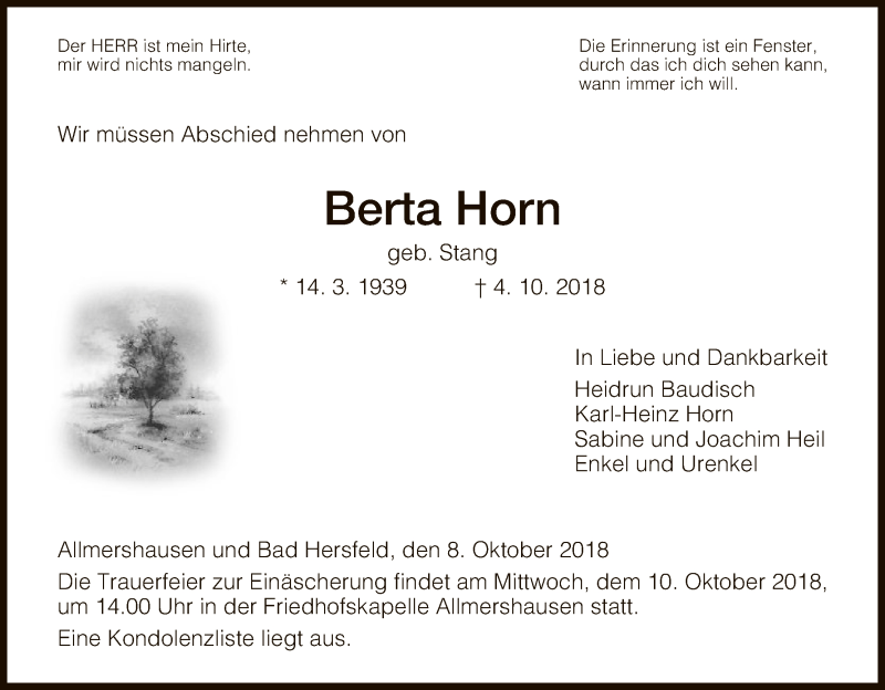  Traueranzeige für Berta Horn vom 08.10.2018 aus Hersfeld