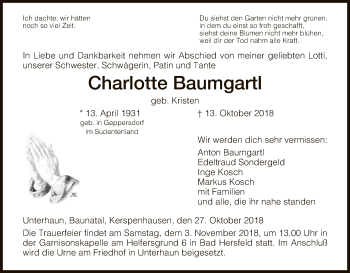 Traueranzeige von Charlotte Baumgartl von Hersfeld