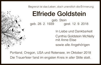 Traueranzeige von Elfriede Goldstein von Hersfeld