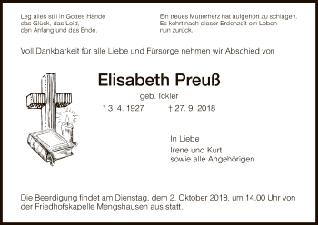 Traueranzeige von Elisabeth Preuß von Hersfeld