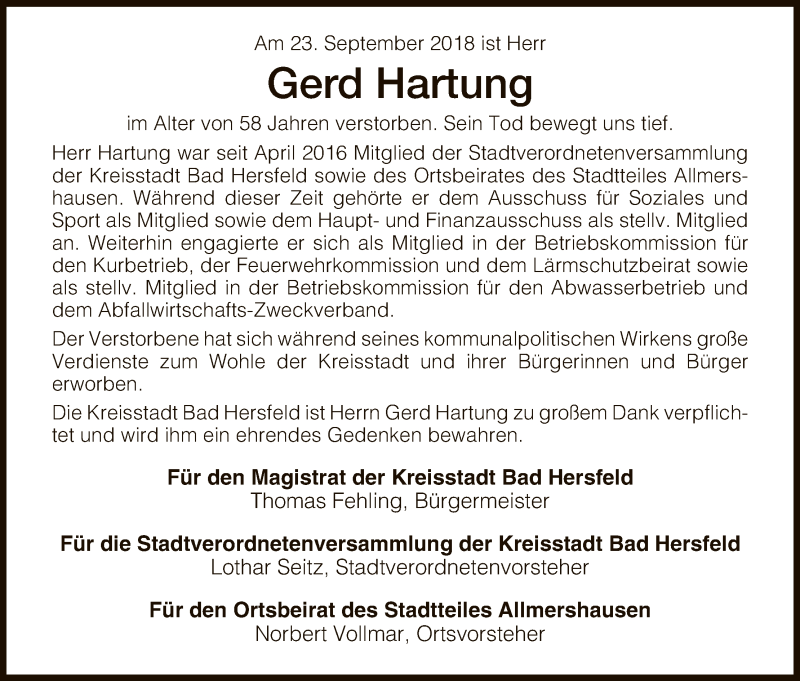  Traueranzeige für Gerd Hartung vom 06.10.2018 aus Hersfeld
