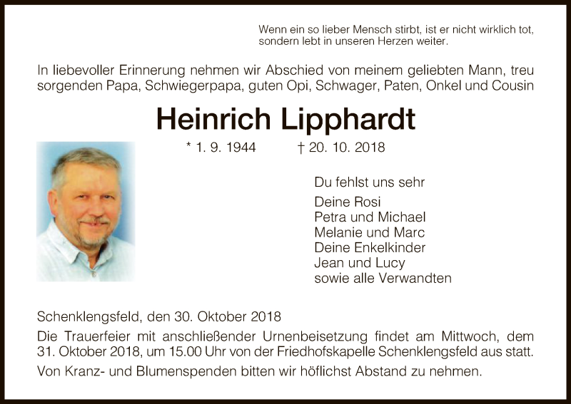  Traueranzeige für Heinrich Lipphardt vom 30.10.2018 aus Hersfeld