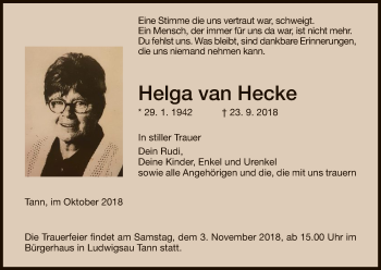 Traueranzeige von Helga van Hecke von Hersfeld