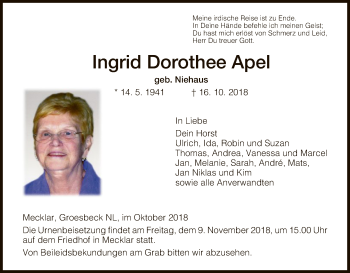 Traueranzeige von Ingrid Dorothee Apel von Hersfeld