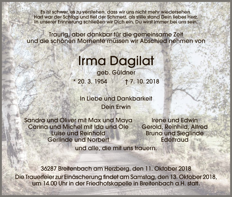  Traueranzeige für Irma Dagilat vom 11.10.2018 aus Hersfeld