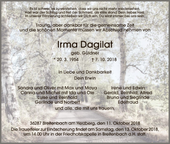 Traueranzeige von Irma Dagilat von Hersfeld