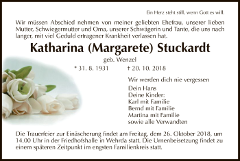 Traueranzeige von Katharina Margarete Stuckardt von Hersfeld