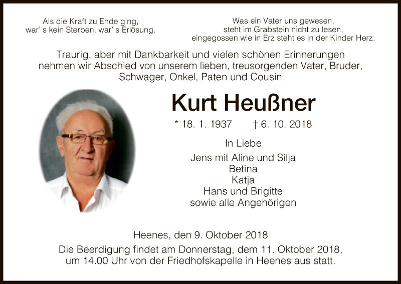  Traueranzeige für Kurt Heußner vom 09.10.2018 aus Hersfeld