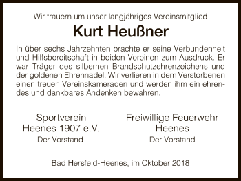 Traueranzeige von Kurt Heußner von Hersfeld