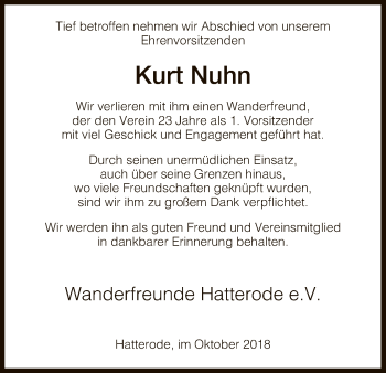 Traueranzeige von Kurt Nuhn von Hersfeld