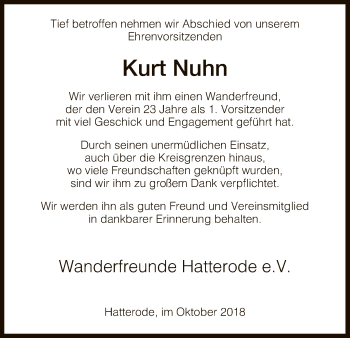 Traueranzeige von Kurt Nuhn von Hersfeld