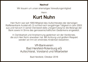 Traueranzeige von Kurt Nuhn von Hersfeld