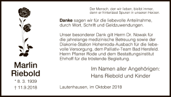 Traueranzeige von Marlin Riebold von Hersfeld