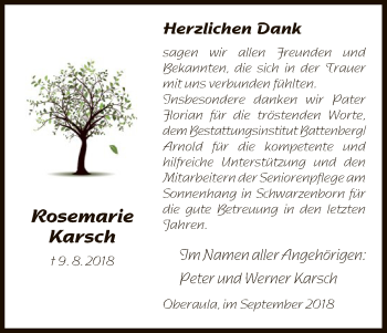 Traueranzeige von Rosemarie Karsch von Hersfeld