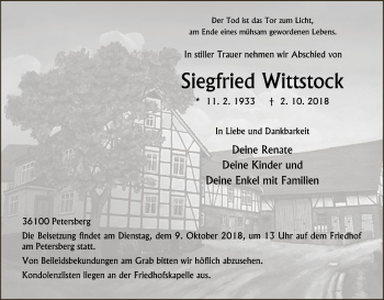 Traueranzeige von Siegfried Wittstock von Hersfeld