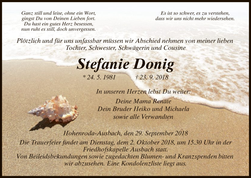  Traueranzeige für Stefanie Donig vom 29.09.2018 aus Hersfeld