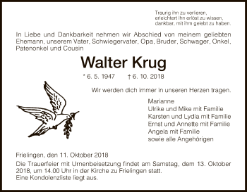 Traueranzeige von Walter Krug von Hersfeld