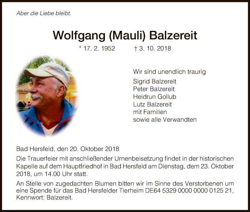  Traueranzeige für Wolfgang Mauli Balzereit vom 20.10.2018 aus Hersfeld