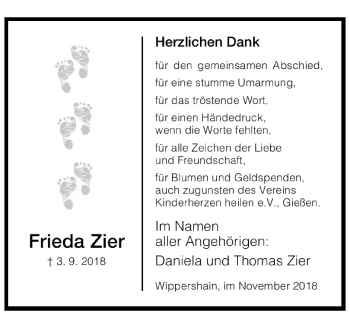 Traueranzeige von Frieda Zier 