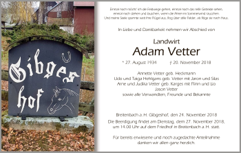 Traueranzeige von Adam Vetter von Hersfeld