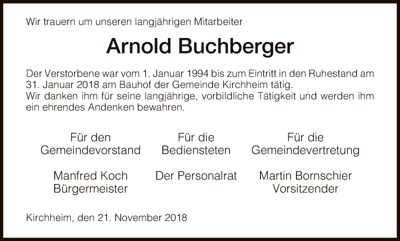  Traueranzeige für Arnold Buchberger vom 21.11.2018 aus Hersfeld