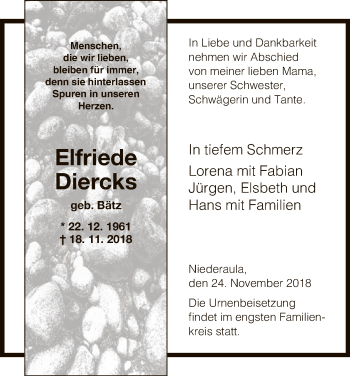 Traueranzeige von Elfriede Diercks von Hersfeld
