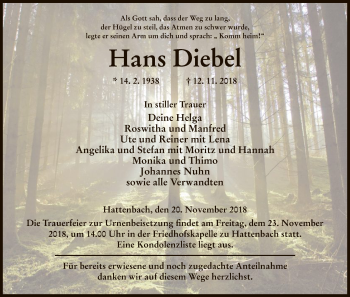 Traueranzeige von Hans Diebel von Hersfeld