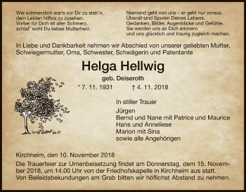 Traueranzeige von Helga Hellwig von Hersfeld