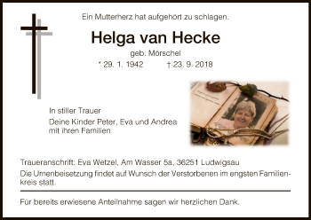 Traueranzeige von Helga van Hecke von Hersfeld