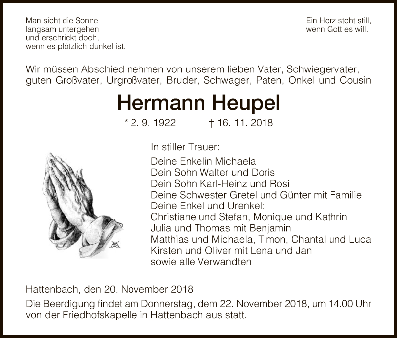  Traueranzeige für Hermann Heupel vom 20.11.2018 aus Hersfeld