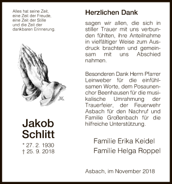 Traueranzeige von Jokob Schlitt von Hersfeld