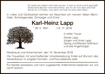 Traueranzeige von Karl-Heinz Lapp von Hersfeld