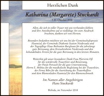 Traueranzeige von Katharina Margarete Stuckardt von Hersfeld