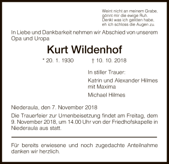Traueranzeige von Kurt Wildenhof von Hersfeld