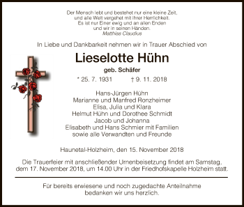 Traueranzeige von Lieselotte Hühn von Hersfeld