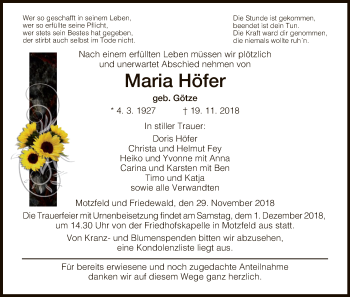 Traueranzeige von Maria Höfer von Hersfeld