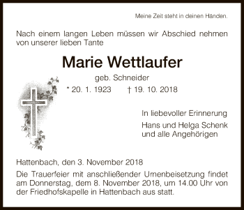 Traueranzeige von Marie Wettlaufer von Hersfeld